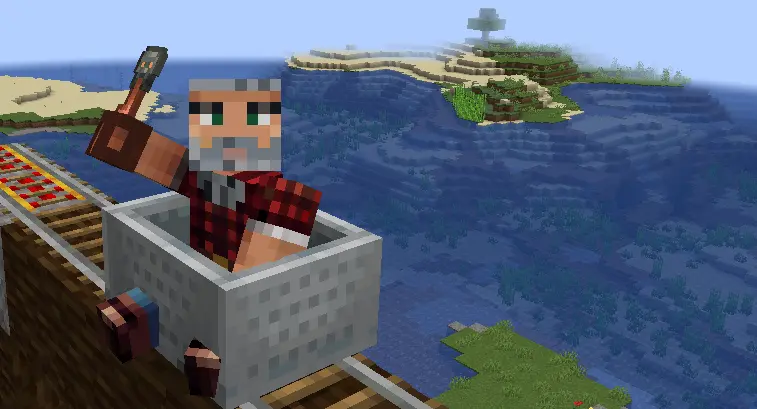 Player riding a minecart holding the Enhanced Rails trial key for super-speed activation